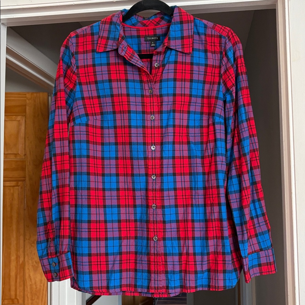 Talbots Vibrant Red and Blue Plaid Shirt